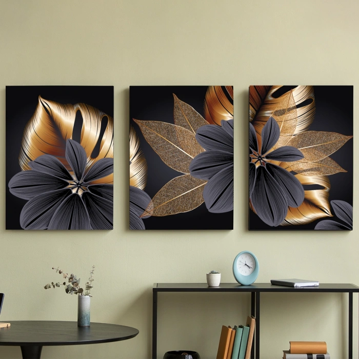 Siyah & Gold Çiçek Desenli 3’lü Kanvas Tablo Seti | Modern Duvar Dekoru 50X70 cm