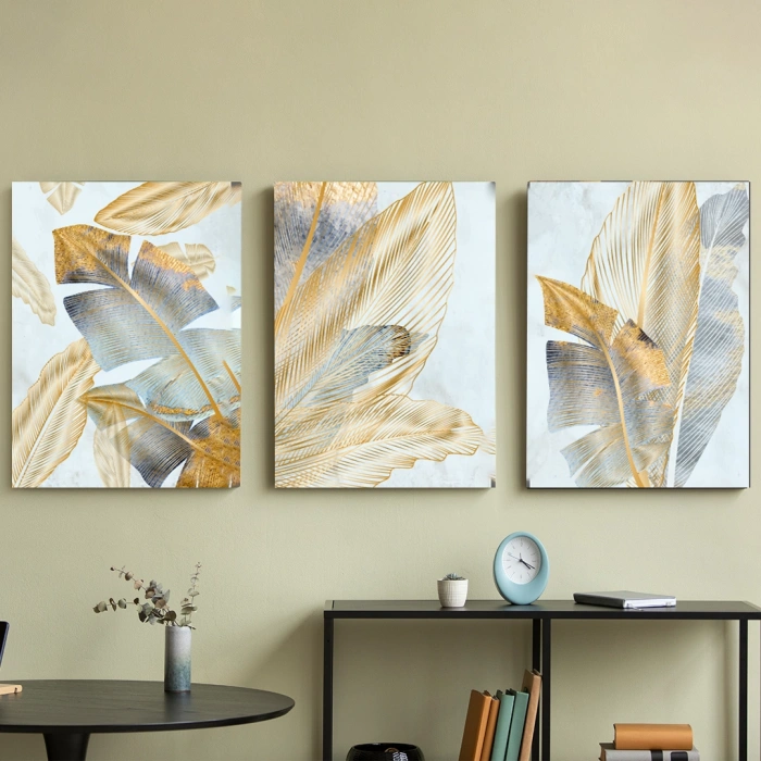 Gold Yaprak Desenli 3’lü Kanvas Tablo Seti | Modern & Şık Duvar Dekoru 50X70 cm