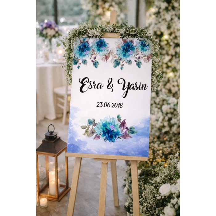 Mavi Çiçekli Yatay Düğün, Nişan ve Söz Karşılama Panosu – 50x70 cm
