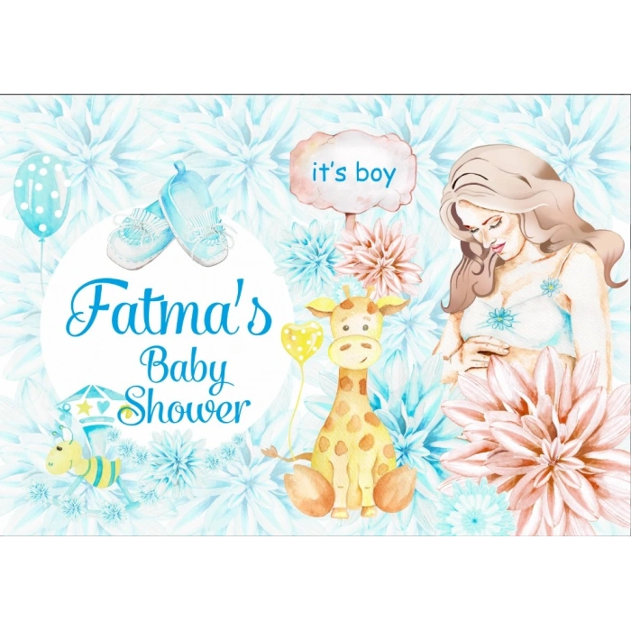 Mavi Zürafa Temalı Baby Shower Afişi 70x100 Cm