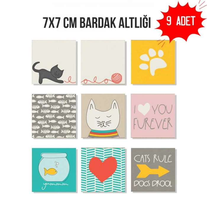 Sevimli Kedi & Pati Desenli 7x7 cm Bardak Altlığı – 9’lu Set Dekoratif Kare Tasarım