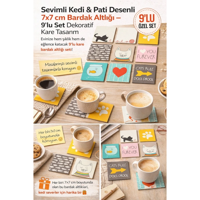 Sevimli Kedi & Pati Desenli 7x7 cm Bardak Altlığı – 9’lu Set Dekoratif Kare Tasarım