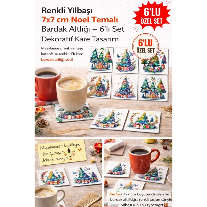 Renkli Yılbaşı 7x7 – 6’lı Set Dekoratif Kare Tasarım