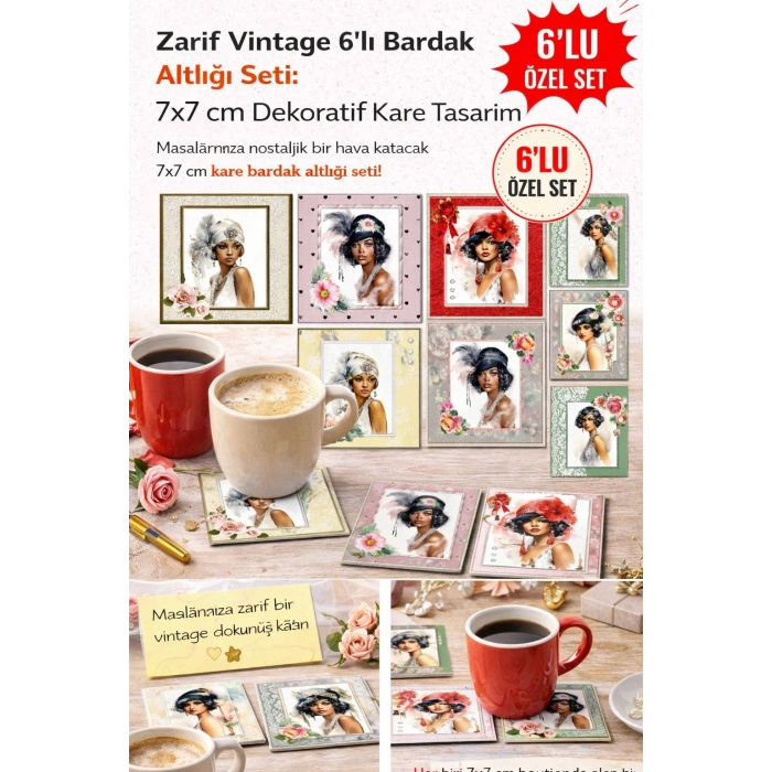 Zarif Vintage 7x7 – 6’lı Set Dekoratif Kare Tasarım