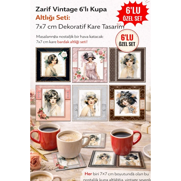 Zarif Vintage 7x7 – 6’lı Set Dekoratif Kare Tasarım