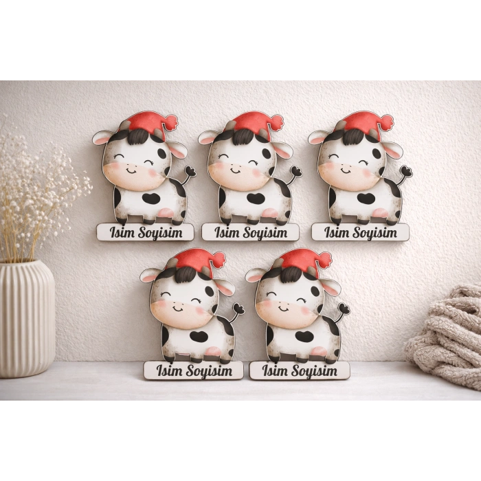 Kişiye Özel Sevimli İnek Magnet – 5x5 cm MDF İsimlik