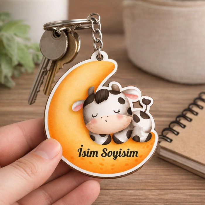 Kişiye Özel Ayıcık & Ay Tasarımlı MDF Anahtarlık – İsim Baskılı Sevimli Hediyelik