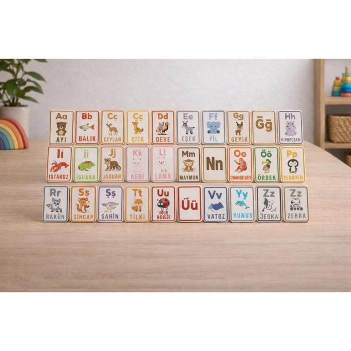 Ahşap Alfabe Kartları – Türkçe Harfler ve Hayvan Figürleri Eğitici Set (A-Z)