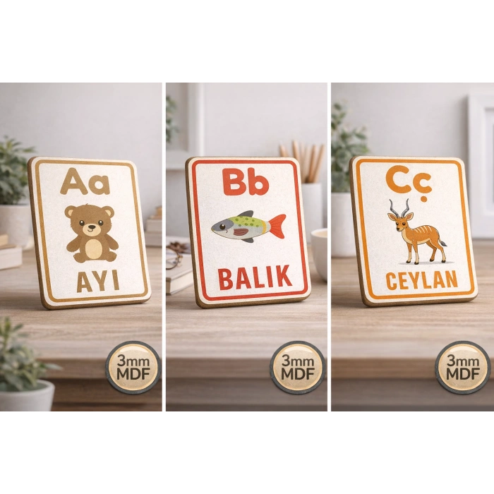 Ahşap Alfabe Kartları – Türkçe Harfler ve Hayvan Figürleri Eğitici Set (A-Z)