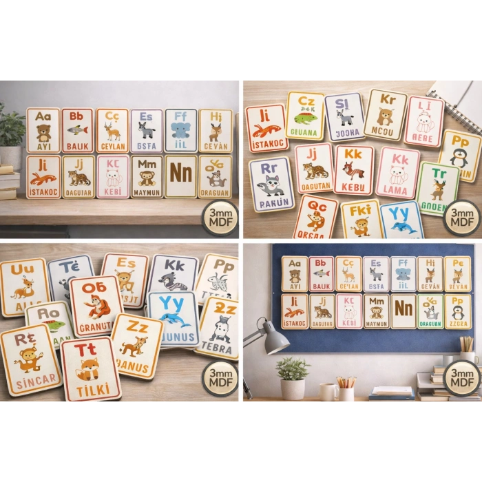 Ahşap Alfabe Kartları – Türkçe Harfler ve Hayvan Figürleri Eğitici Set (A-Z)