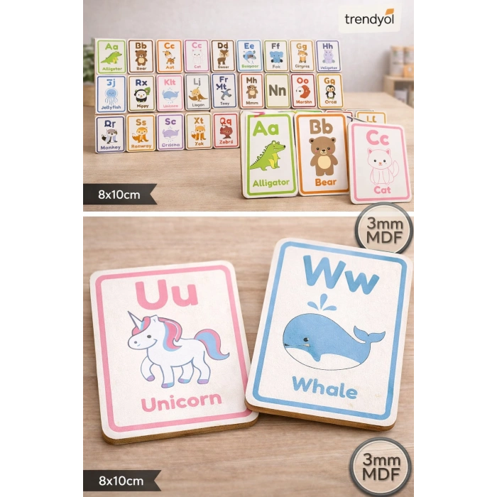 Ahşap Alfabe Kartları – İngilizce Harfler ve Hayvan Figürleri Eğitici Set (A-Z)