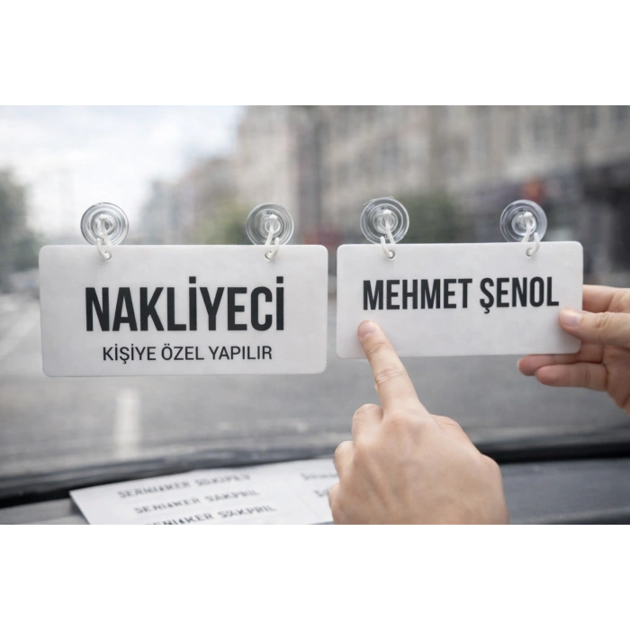 Kişiye Özel Pleksi Araç İçi Yazı – 20x10 cm Vantuzlu Nakliyeci / İsimlik – Öpücükle Gönderim