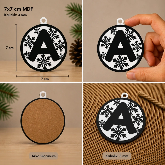 A Harf Yılbaşı Süsü – MDF Çam Ağacı Desenli Asılabilir Dekor (7x7 cm)