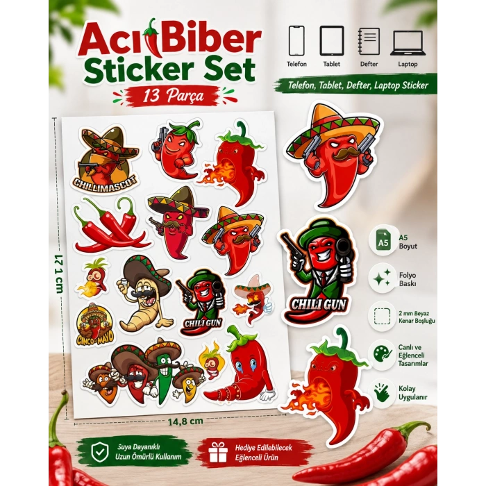 Acı Biber Sticker Set 13 Parça Telefon, Tablet, Defter, Laptop Sticker