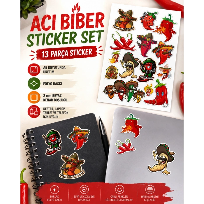 Acı Biber Sticker Set 13 Parça Telefon, Tablet, Defter, Laptop Sticker