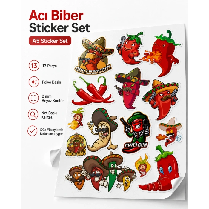 Acı Biber Sticker Set 13 Parça Telefon, Tablet, Defter, Laptop Sticker