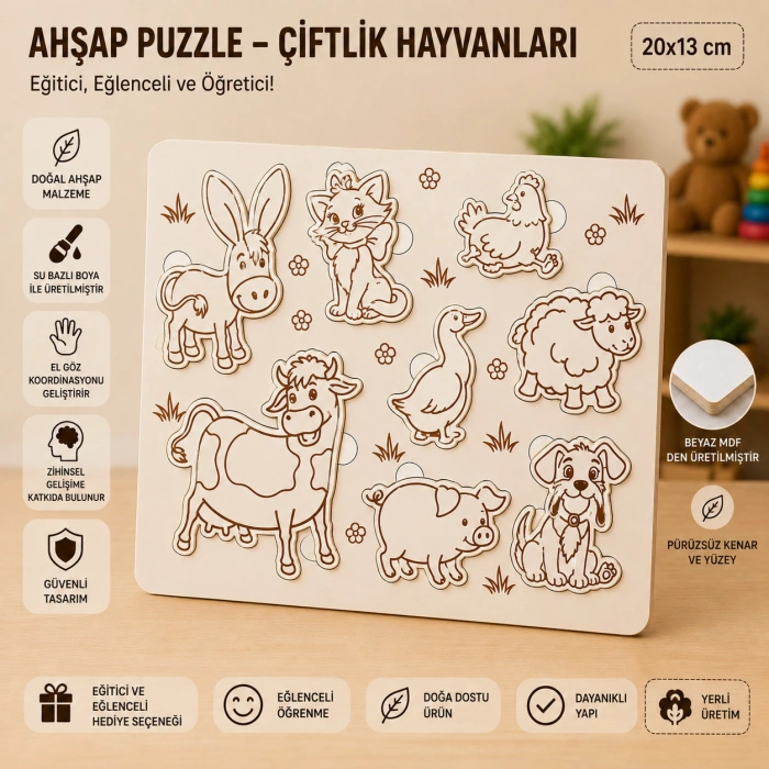 Ahşap Puzzle - Çiftlik Hayvanları: Eğitici ve Öğretici Okul Öncesi Zeka Oyunu (20x13 cm)