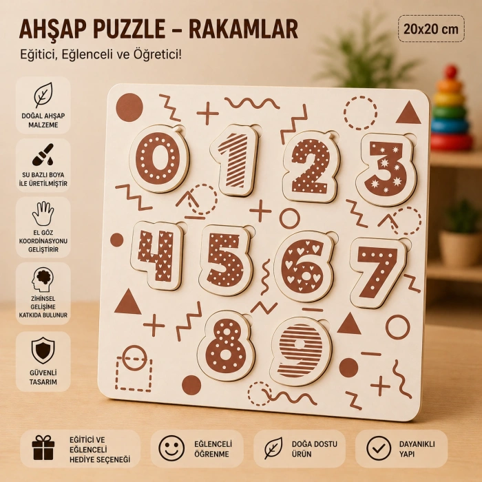 Ahşap Puzzle - Rakamlar: Eğitici ve Öğretici Okul Öncesi Matematik Seti (20x20 cm)