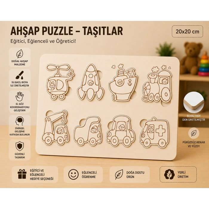 Ahşap Puzzle - Taşıtlar: Eğitici ve Öğretici Okul Öncesi Zeka Oyunu (30x20 cm)