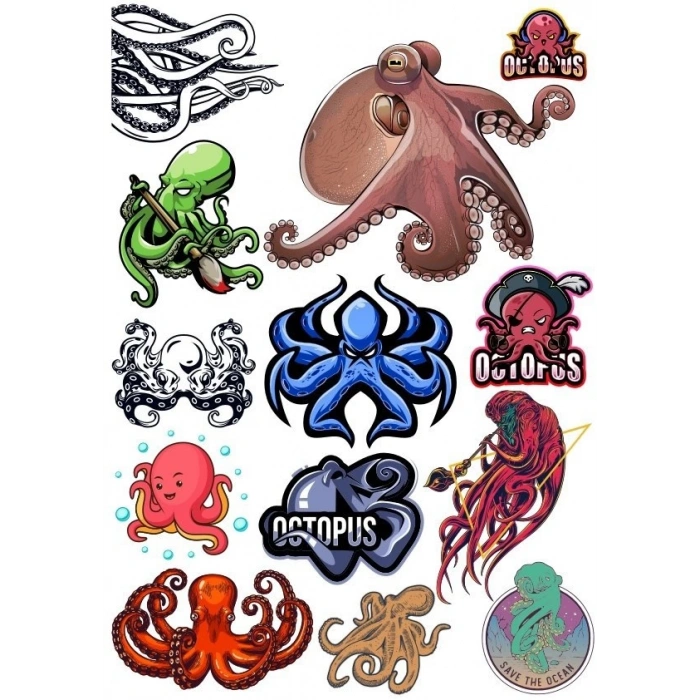 Ahtapot Sticker Set-11 13 Parça Telefon, Tablet, Defter, Laptop Sticker