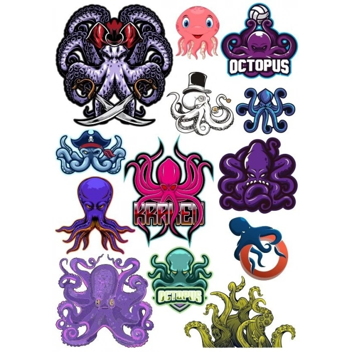 Ahtapot Sticker Set-4 12 Parça Telefon, Tablet, Defter, Laptop Sticker