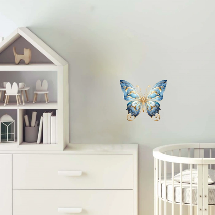 Altın Detaylı Mavi Kelebek Duvar Stickerı