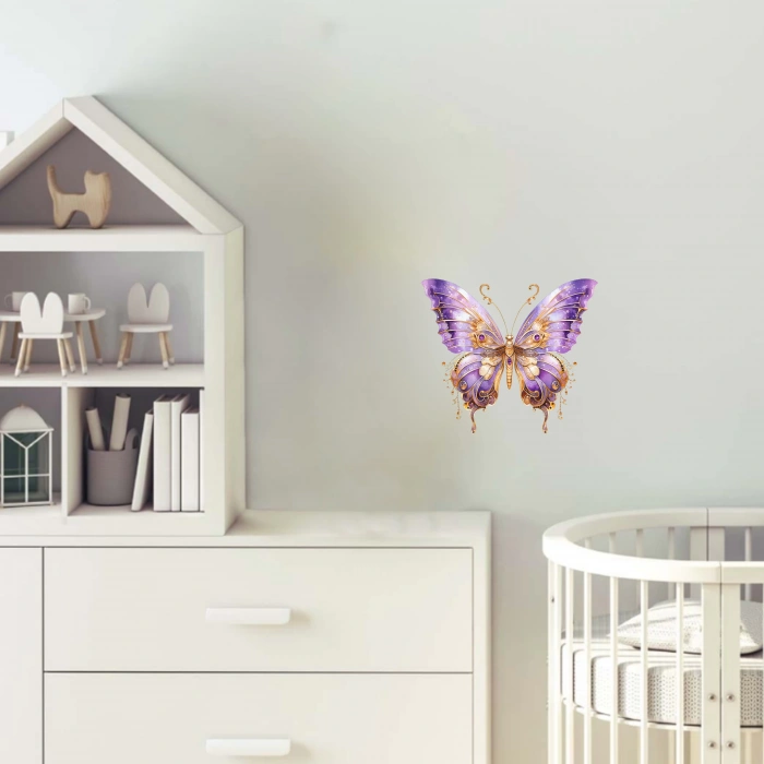 Altın Detaylı Mor Kelebek Duvar Stickerı