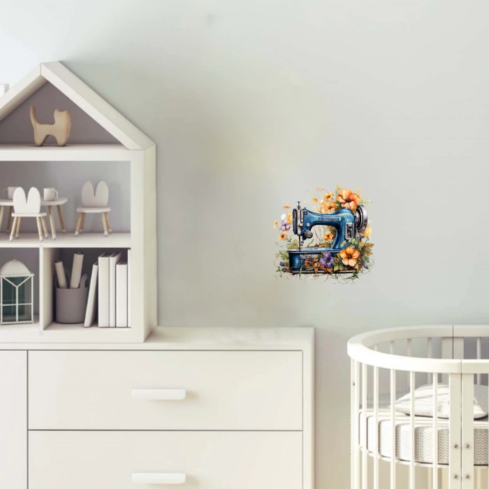 Antik Mavi Dikiş Makinesi ve Turuncu Çiçekler Duvar Stickerı