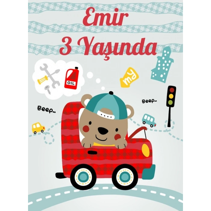 Araba Süren Ayı Temalı Doğum Günü Afişi - 50x70 Cm