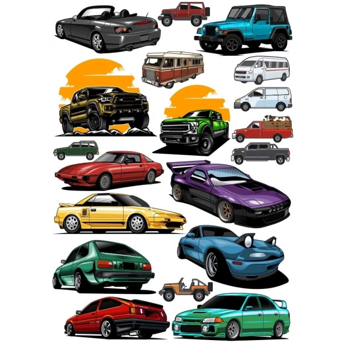 Arabalar Sticker Set 18 Parça Telefon, Tablet, Defter, Laptop Sticker