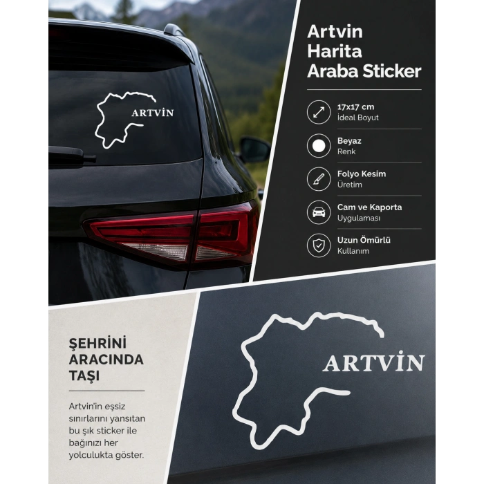 Artvin Harita Araba Sticker 17x17 Cm Beyaz