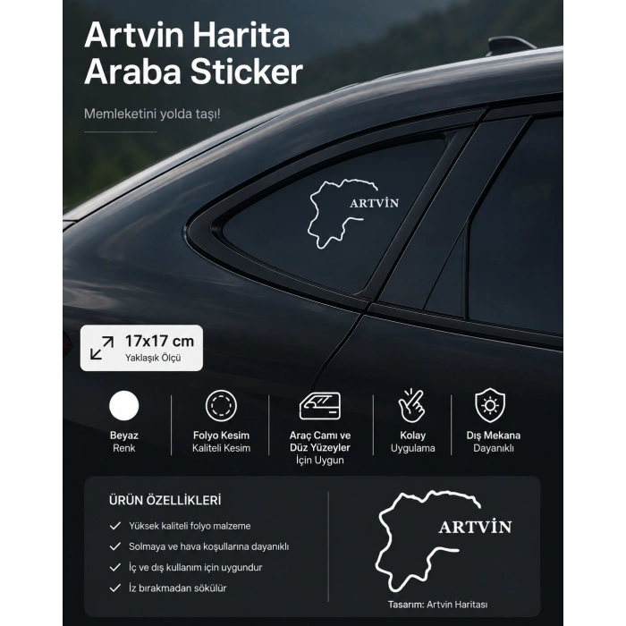 Artvin Harita Araba Sticker 17x17 Cm Beyaz