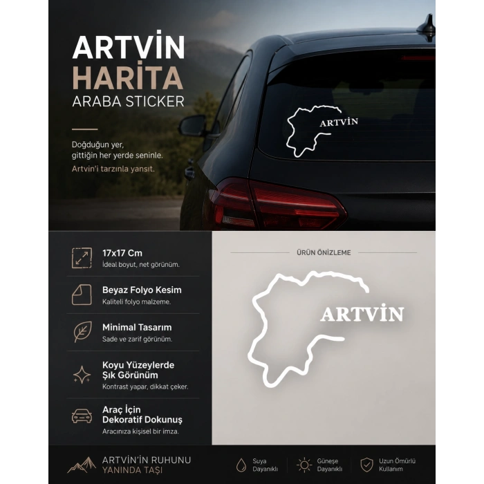 Artvin Harita Araba Sticker 17x17 Cm Beyaz
