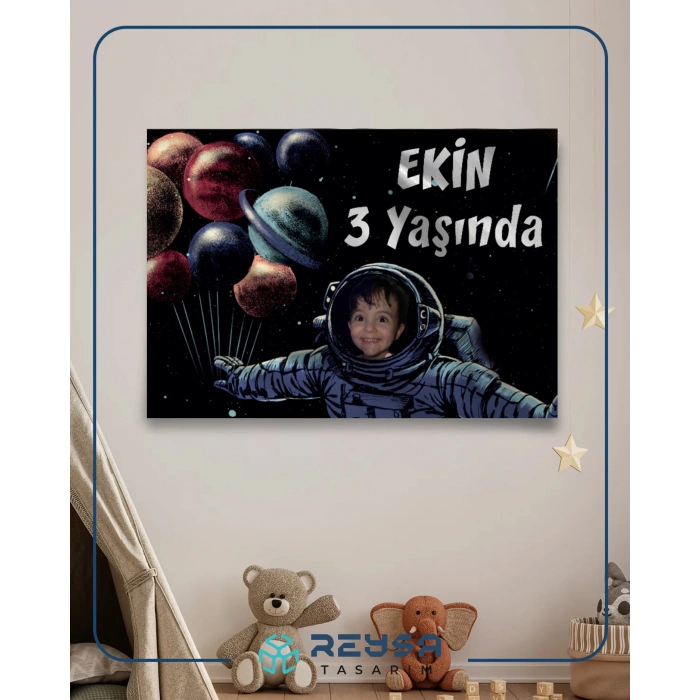 Astronot ve Gezegenler Temalı Doğum Günü Afişi 100X150 cm