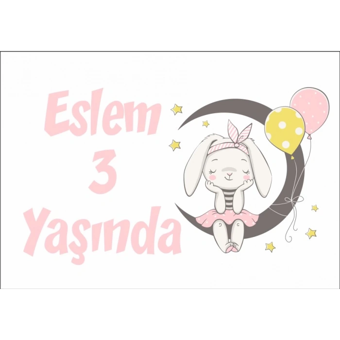 Ayda Oturan Tavşan Temalı Doğum Günü Afişi 100X150 cm