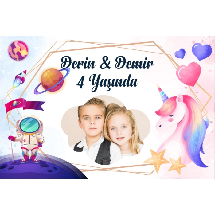 Uzay ve Unicorn Temalı Doğum Günü Afişi 100X150 cm