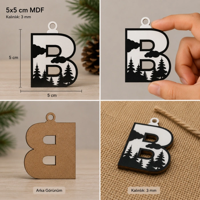 B Harf Yılbaşı Süsü – MDF Çam Ağacı Desenli Asılabilir Dekor (5x5 cm)