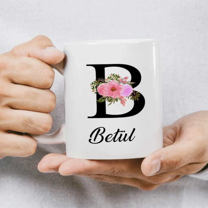 B Harfi Çiçekli İsme Özel Kupa