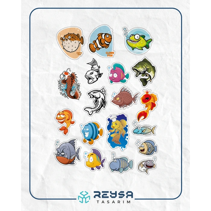 Balık Stikcer Set-1 15 Parça Telefon, Tablet, Defter, Laptop Sticker