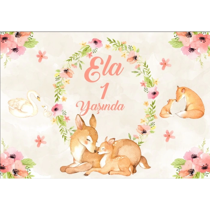Çiçek ve Ceylan Temalı Doğum Günü Afişi 70X100 cm