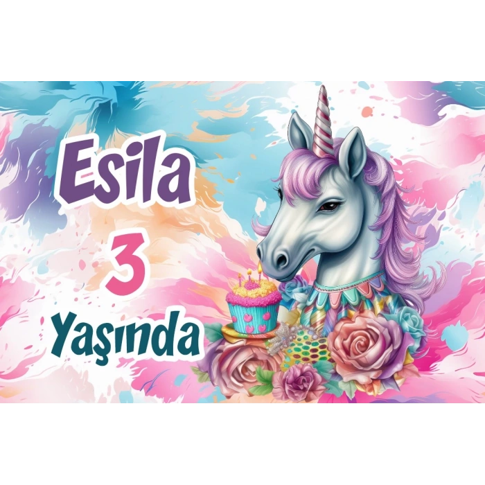 Pasta ve Unicorn Temalı Doğum Günü Afişi -3 70X100 cm