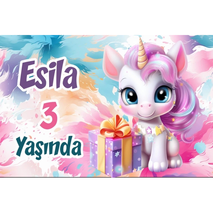 Hediye ve Unicorn Temalı Doğum Günü Afişi -2 100X150 cm