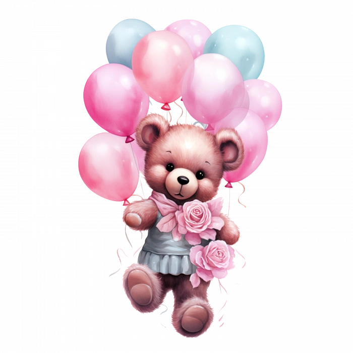Balonlu ve Çiçekli Kız Ayıcık Duvar Stickerı