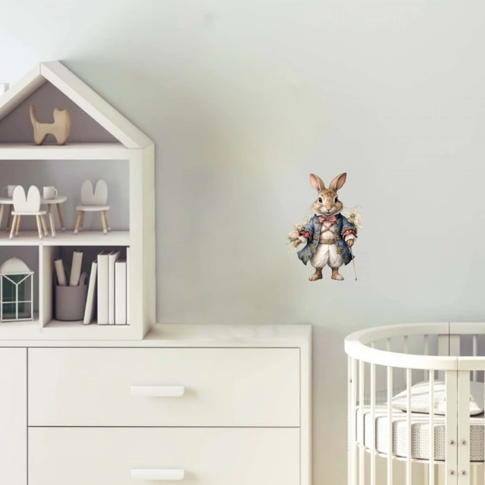 Bastonlu ve Çiçekli Tavşan Duvar Stickerı
