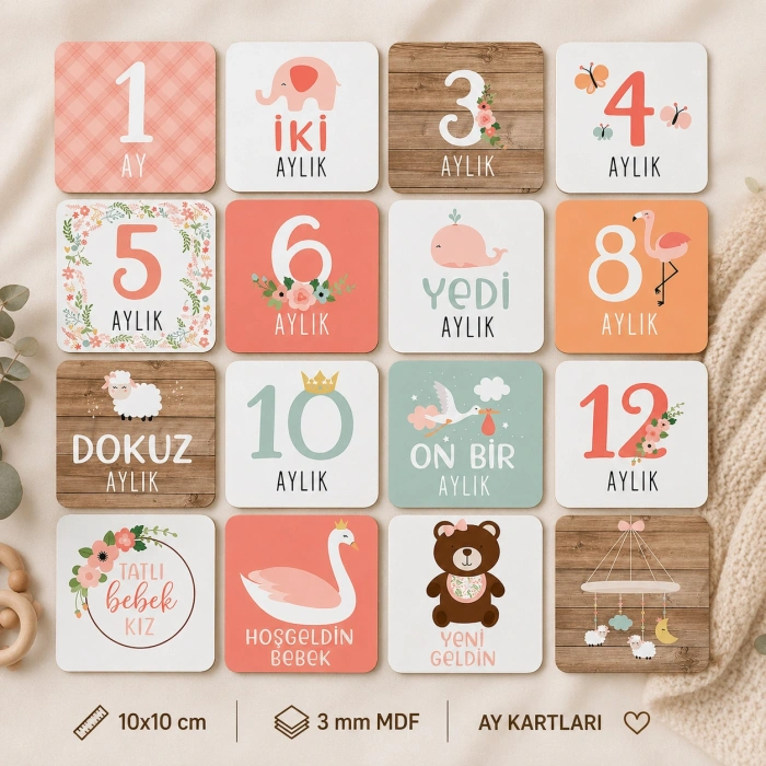 Bebek Aylık Anı Kartları – 12’li 3 mm MDF Set (7×7 cm)
