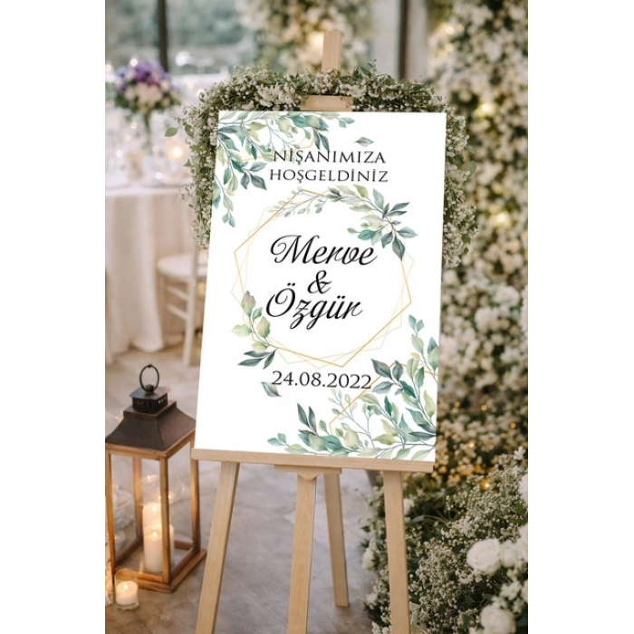 Beyaz Yeşil Çiçekli Düğün, Nişan ve Söz Karşılama Panosu – 50x70 cm