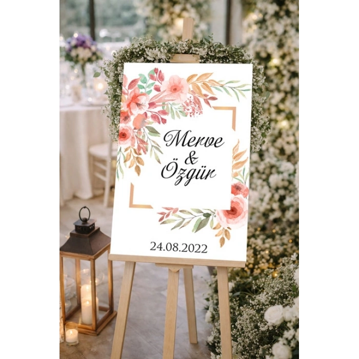 Beyaz Çiçekli Çerçeveli Düğün, Nişan ve Söz Karşılama Panosu – 50x70 cm