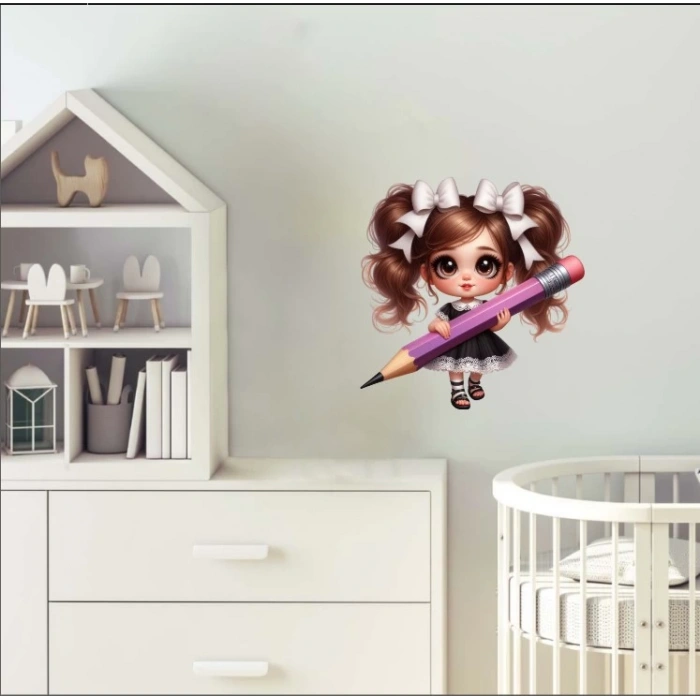 Beyaz Fiyonklu Kız ve Mor Kalem Duvar Stickerı