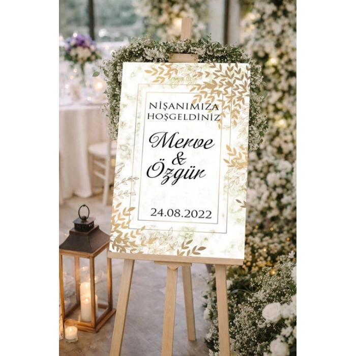 Gold Detaylı ve Gold Çiçekli Düğün, Nişan ve Söz Karşılama Panosu – 50x70 cm