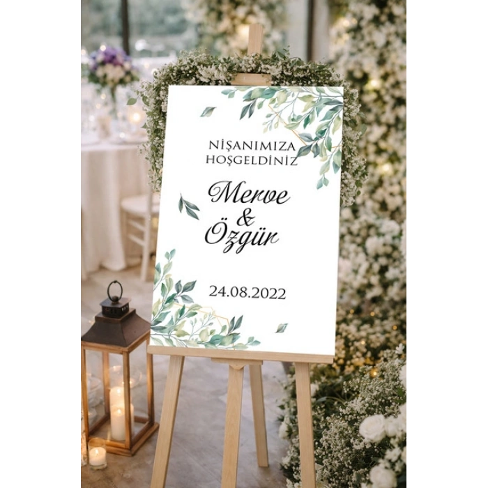 Beyaz Yeşil Çiçekli Düğün, Nişan ve Söz Karşılama Panosu – 50x70 cm